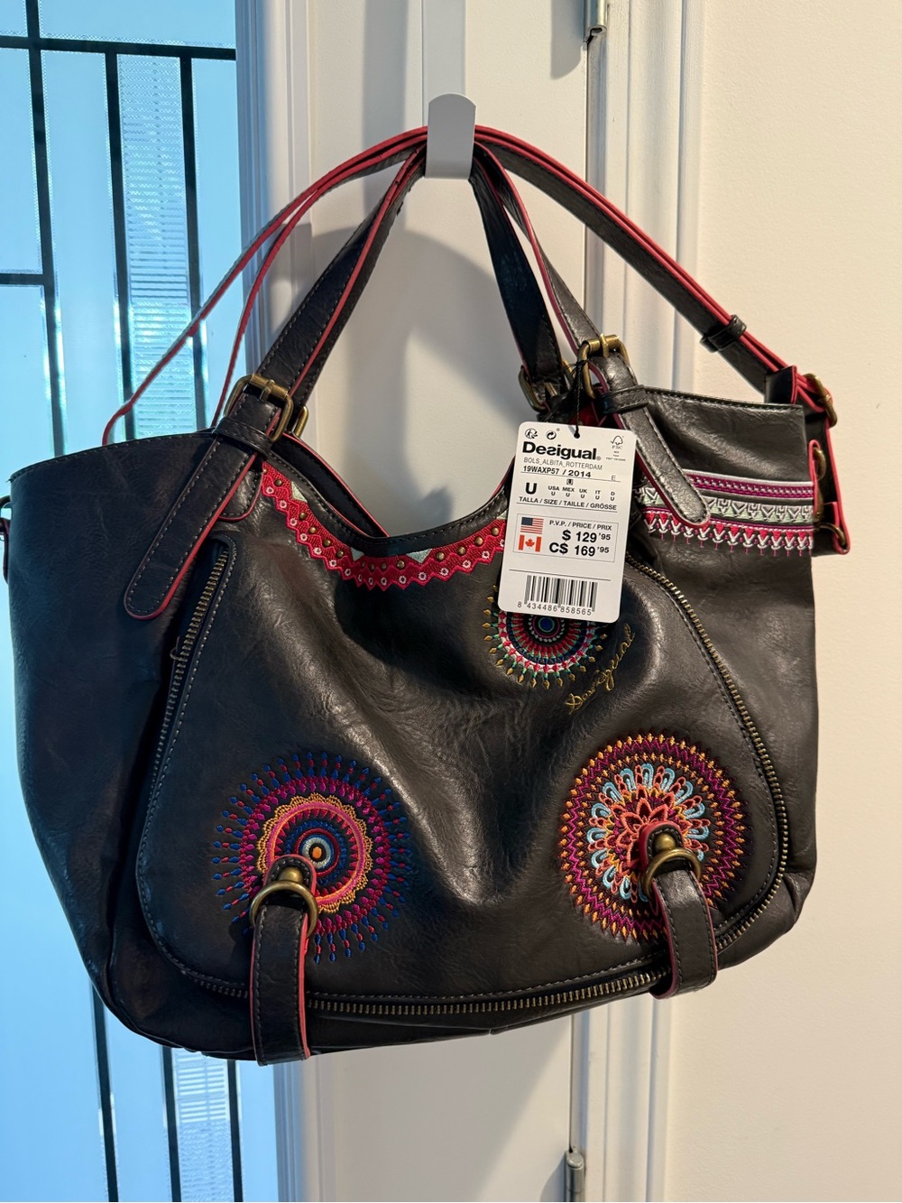 Desigual Black Shoulder Bag with Multicolor Embroidered Medallions